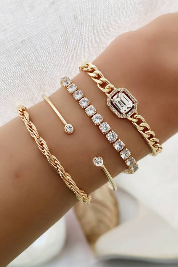 Gold 4pcs Diamond Chained Braided Bangle Bracelet Set