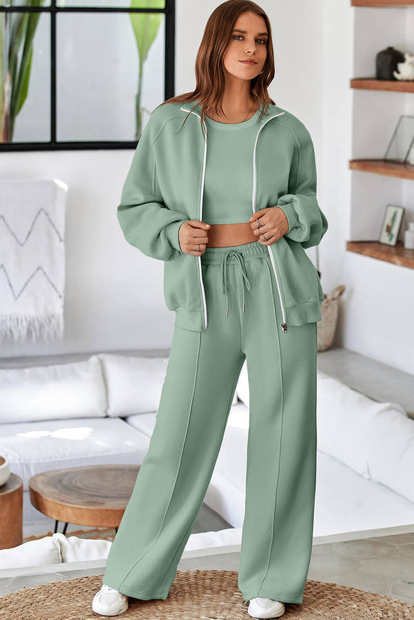 Clearly Aqua Drop Shoulder Zip Up Jacket Drawstring Pants Active 2pcs Set