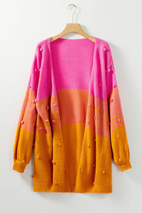 Multicolor Pompom Color Block Open Front Cardigan