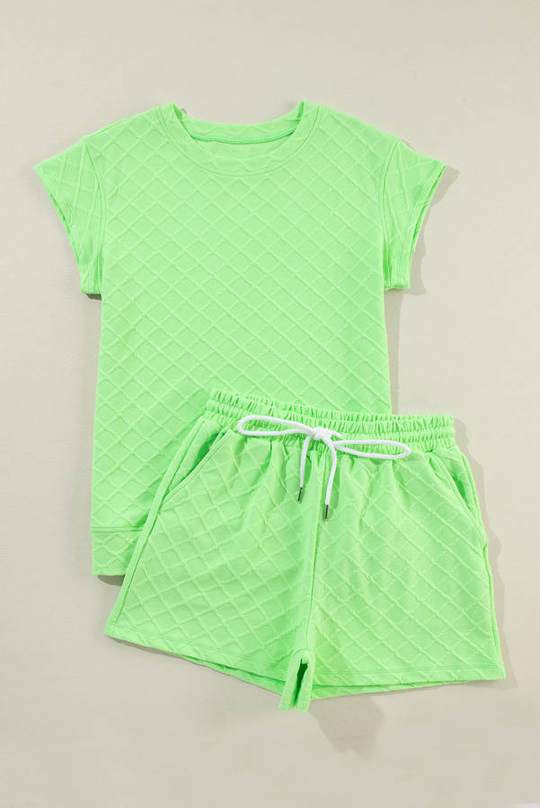 Light Green Checkered Textured Tee and Drawstring Shorts