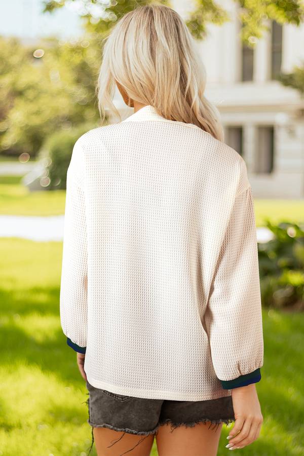 White Waffle Textured Contrast Polo Neck Zip up Jumper
