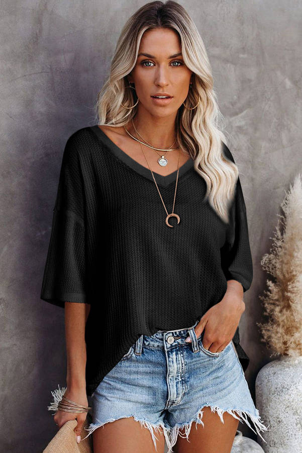 Black Waffle Texture Ribbed V Neck Drop Shoulder Loose Tee