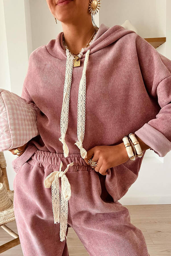 Rose Tan Lace Drawstring Pullover Hoodie and High Waist Pants Corduroy Suit