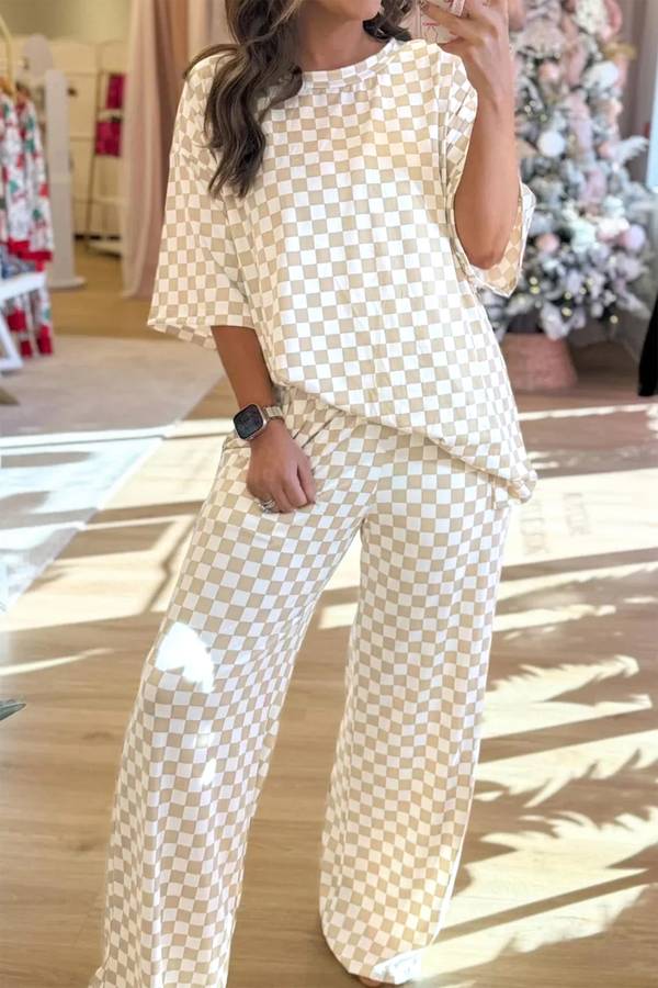 Khaki Checkered Print Half Sleeve Tee 2pcs Lounge Pant Set