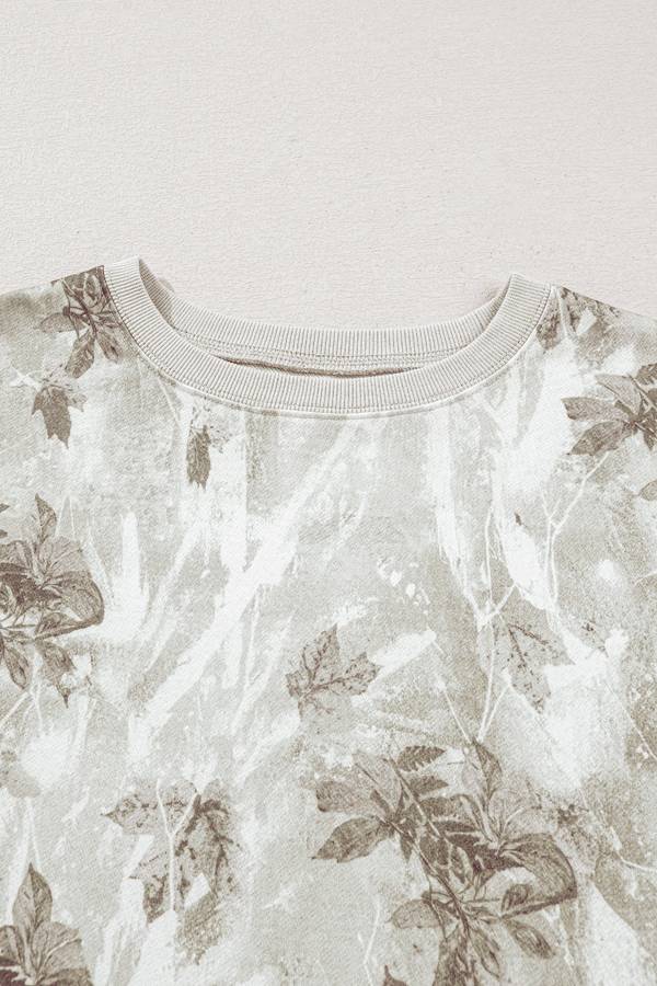 Gray Leafy Camo Print Exposed Seam Patchwork Baggy Slit Sweatshirt