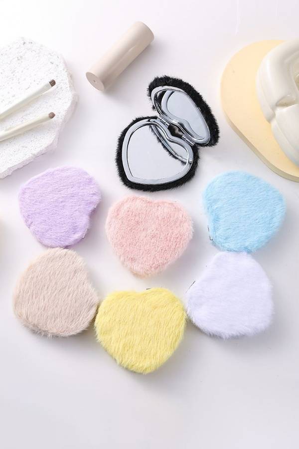 Pink Heart Shape Double Sides Fluffy Cute Mini Cosmetic Mirror