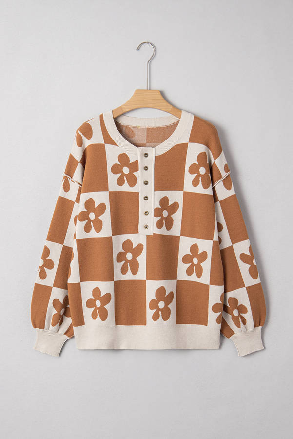 Thai Curry Flower Plaid Henley Baggy Sweater