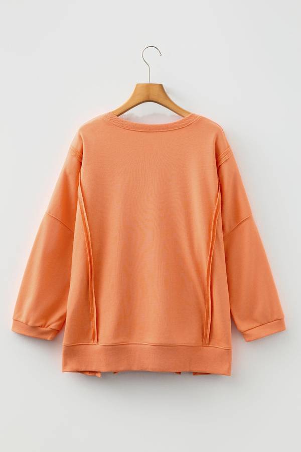 Grapefruit Orange Floral Bow Patched Exposed Seam Patchwork Slit Baggy Sweatshirt