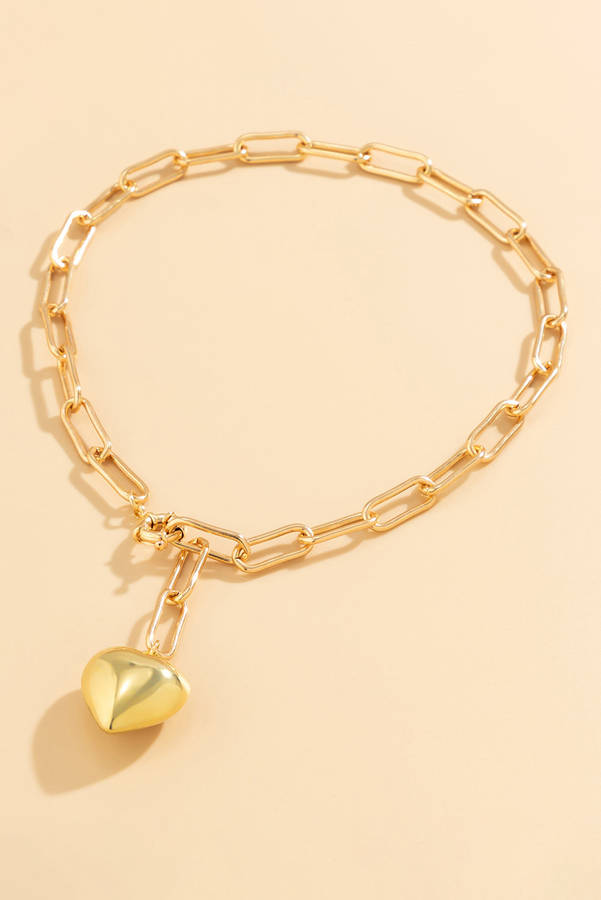 Gold Plated Paperclip Chain 3D Heart Pendant Necklace