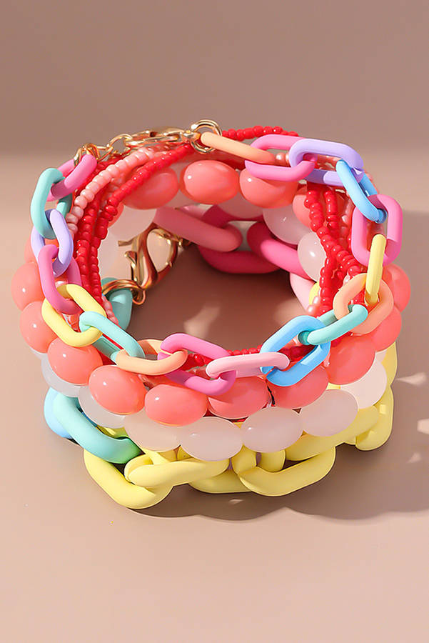 Pink Colorful Beaded Chain Link Layered Bracelet Set