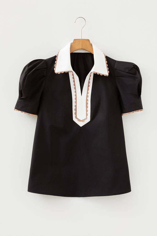Black Ricrac Trim Color Block Patchwork Shirt Collar Short Sleeve Blouse