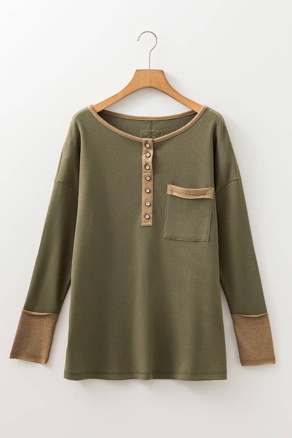 Vineyard Green Color Block Waffle Textured Tunic Henley Top with Slits