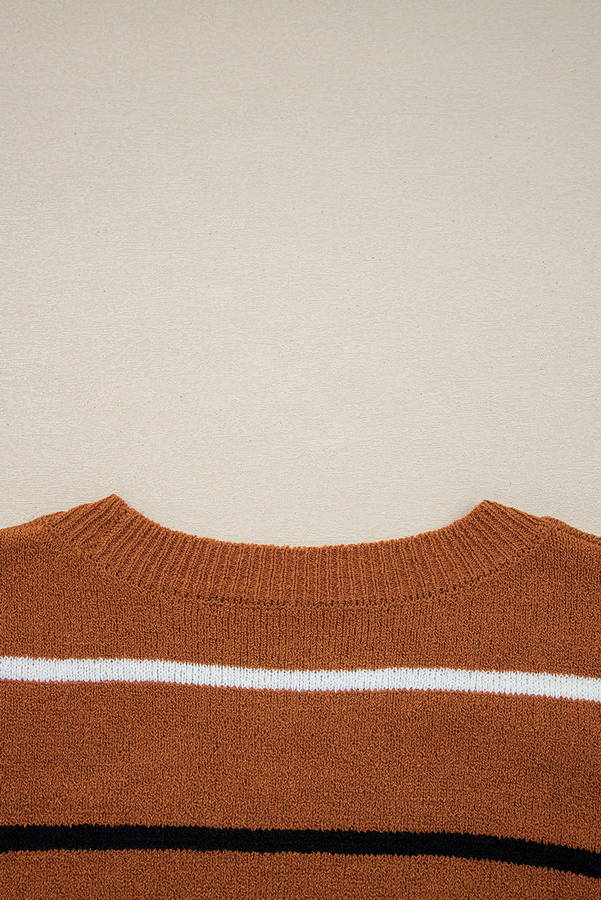 Brown Stripe Striped Ribbed Edge Drop Shoulder Sweater