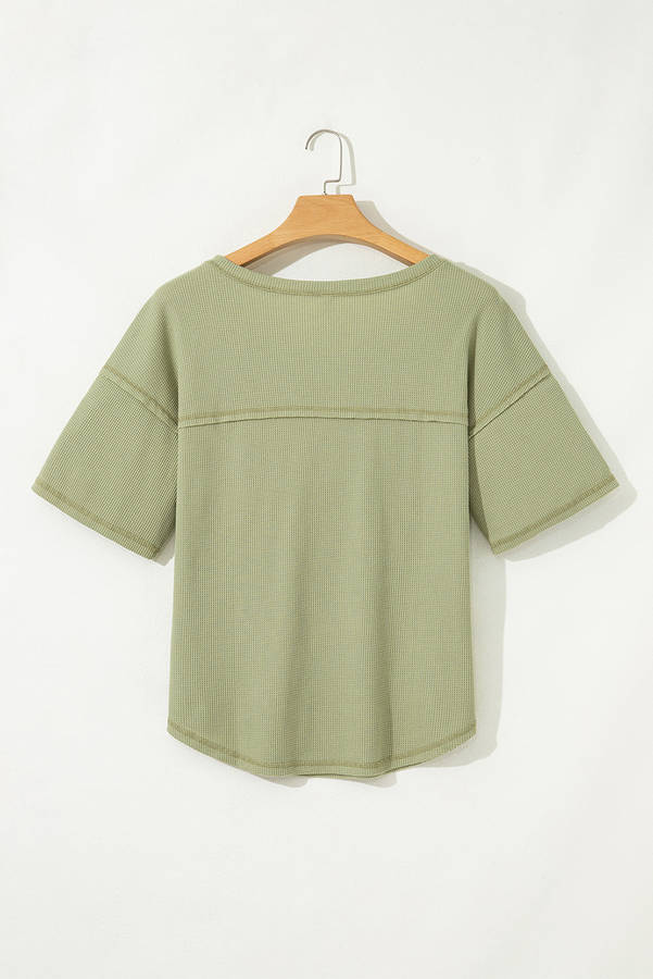 Green Exposed Seam Half Sleeve Knitted V Neck Textured Top