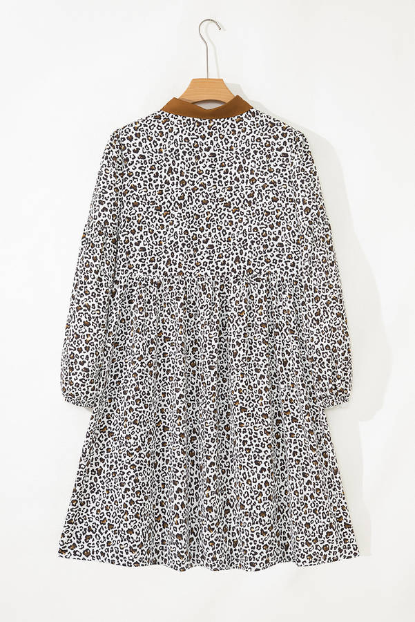 Khaki Plus Size Button V Neck Leopard Print Puff Sleeve Loose Mini Dress