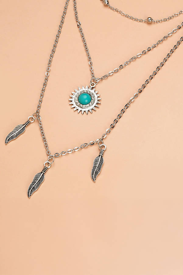 Silvery Boho Turquoise Sun Leaves Multi Layered Necklace
