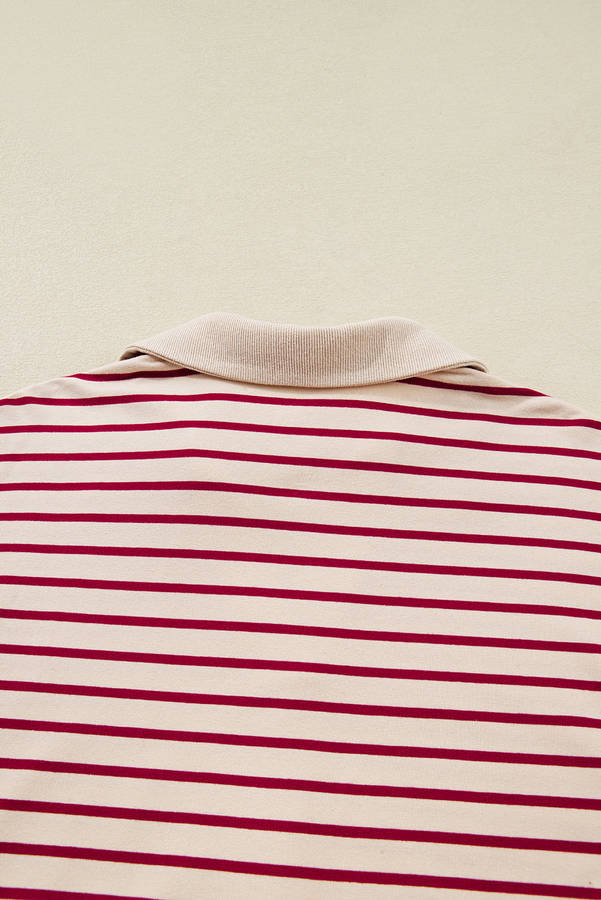 Red Stripe Cropped Collared Drop Shoulder Pullover and Bubble Mini Skirt Set