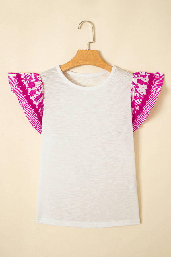 Rose Ricrac Trim Printed Flutter Sleeve Contrast Patchwork Blouse