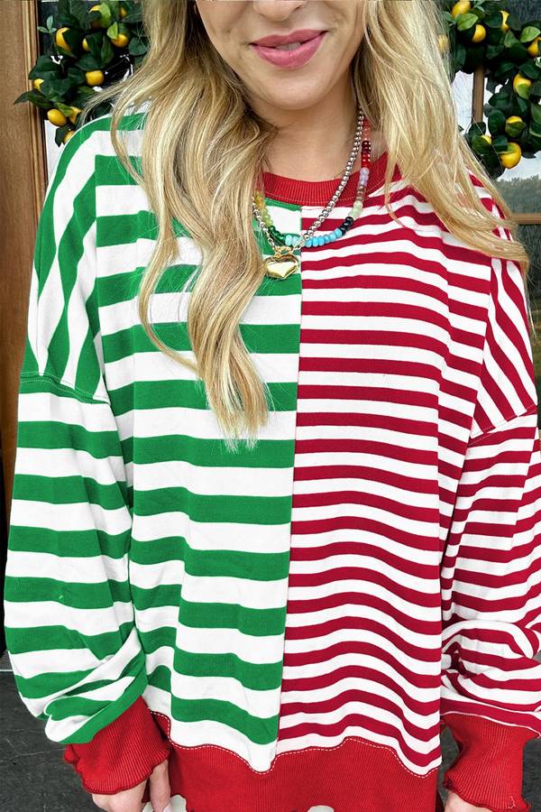 Green Stripe Contrasted Color Block Patchwork Baggy Sweatshirt
