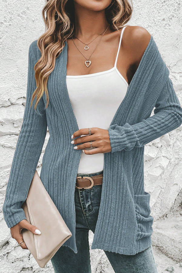Stone Blue Ribbed Open Front Knitted Top with Pockets