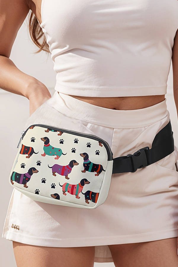 White Dachshund Walking Footprint Crossbody Bag