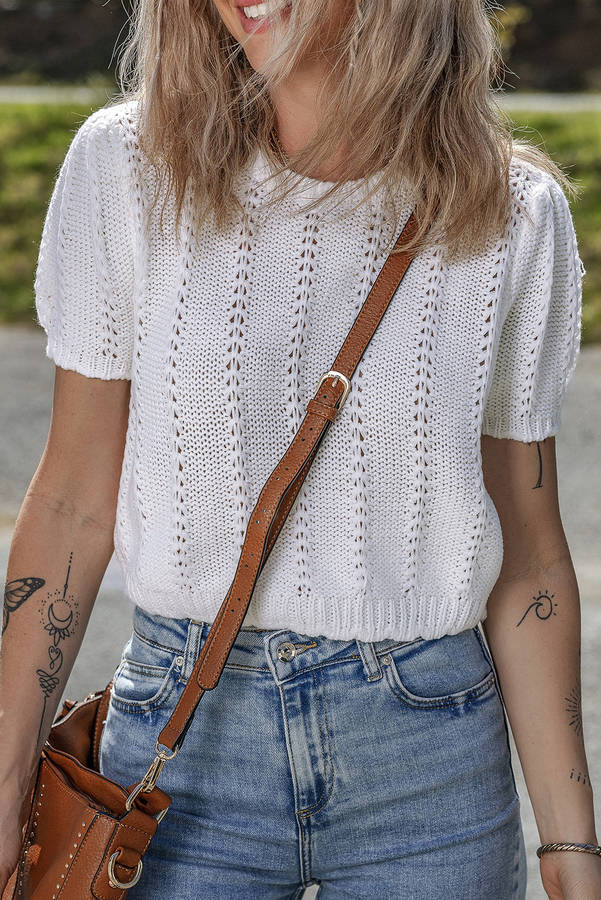 White Pointelle Knit Short Puff Sleeve Crewneck Sweater