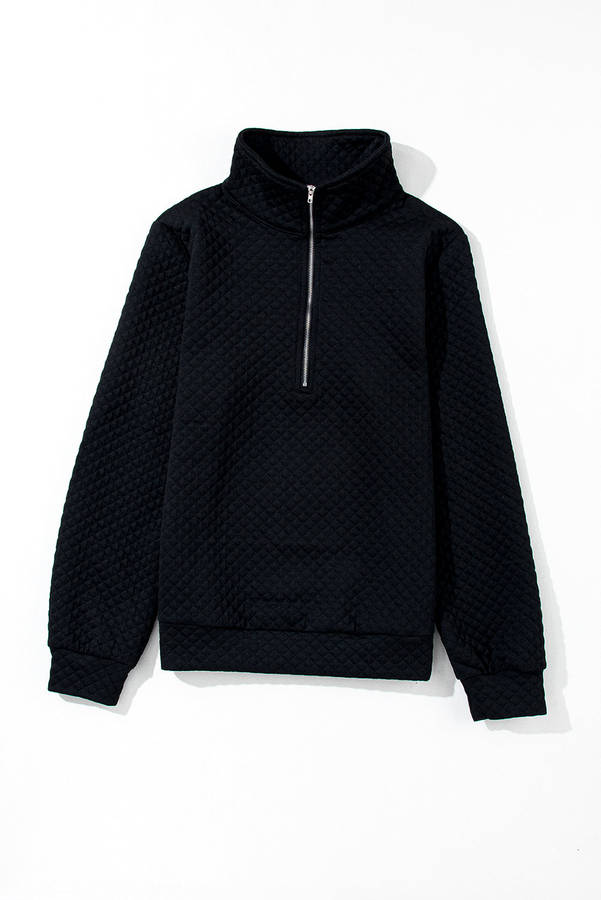 Black Solid Half Zipper Quilted Pullover Sweatshirt