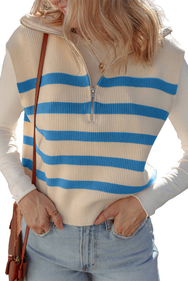 Light Blue Ribbed Half Zip Collared Sweater Vest