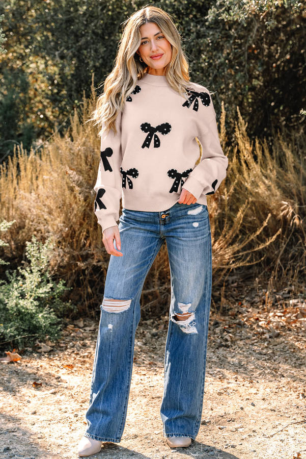 Smoke Gray Pearl Embellished Bow Pattern Loose Sweater