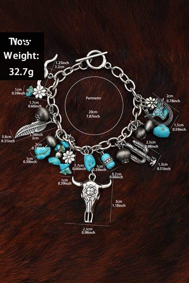 Silvery Western Steer Head Turquoise Charm Alloy Bracelet