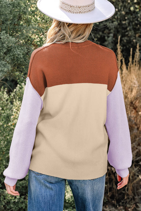 Khaki Color Block Plain Ribbed Knit Baggy Sweater