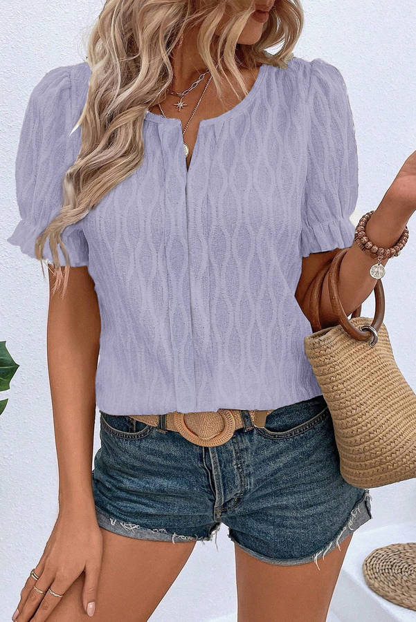 Lilac Solid Color Textured Notched Neck Puff Sleeve Blouse