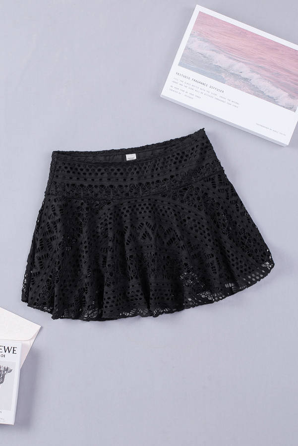 Black Solid Color Crochet Lace Skirted Bikini Bottom