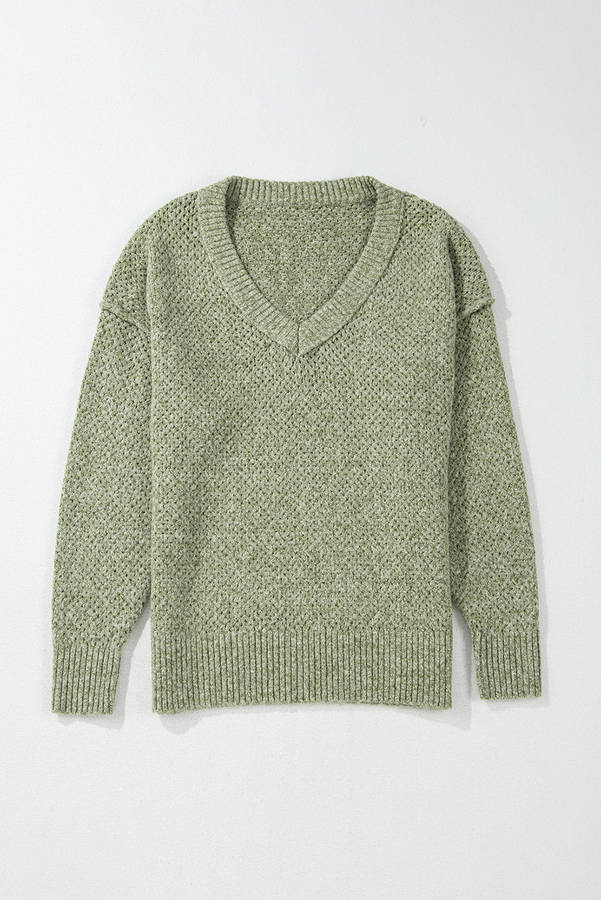 Jungle Green Loose Eyelet V Neck Drop Shoulder Sweater