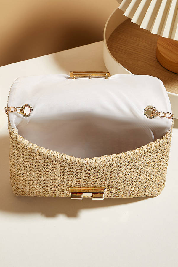 Camel Woven Chain Strap Flap Shoulder Bag