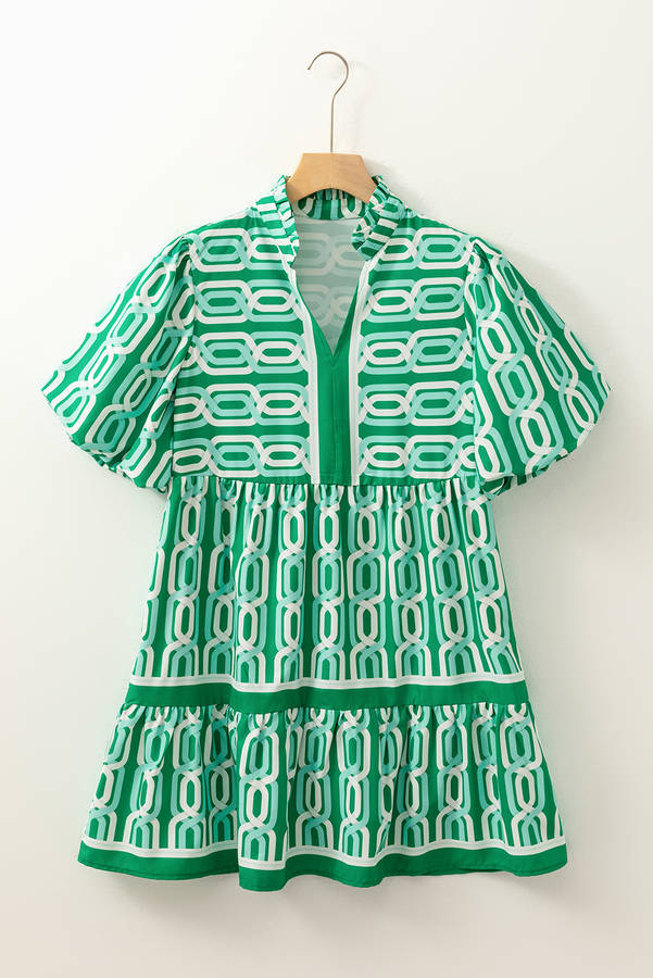 Bright Green Abstract Patterned V Neck Puff Short Sleeve Mini Dress