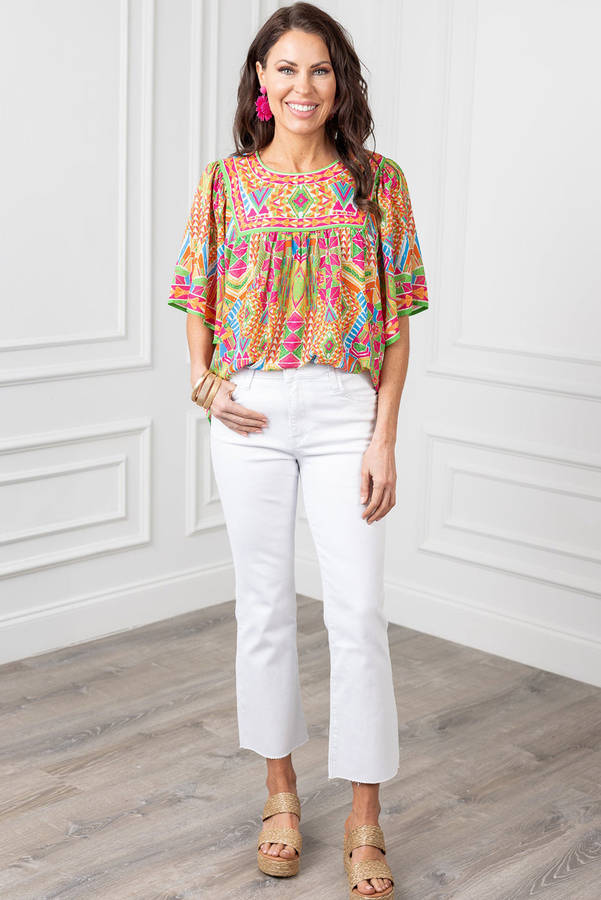 Orange Geometric Print Bell Sleeve O Neck Babydoll Blouse