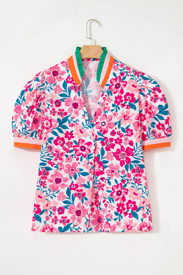 Pink Floral Print Contrast Striped Detail Short Sleeve Blouse