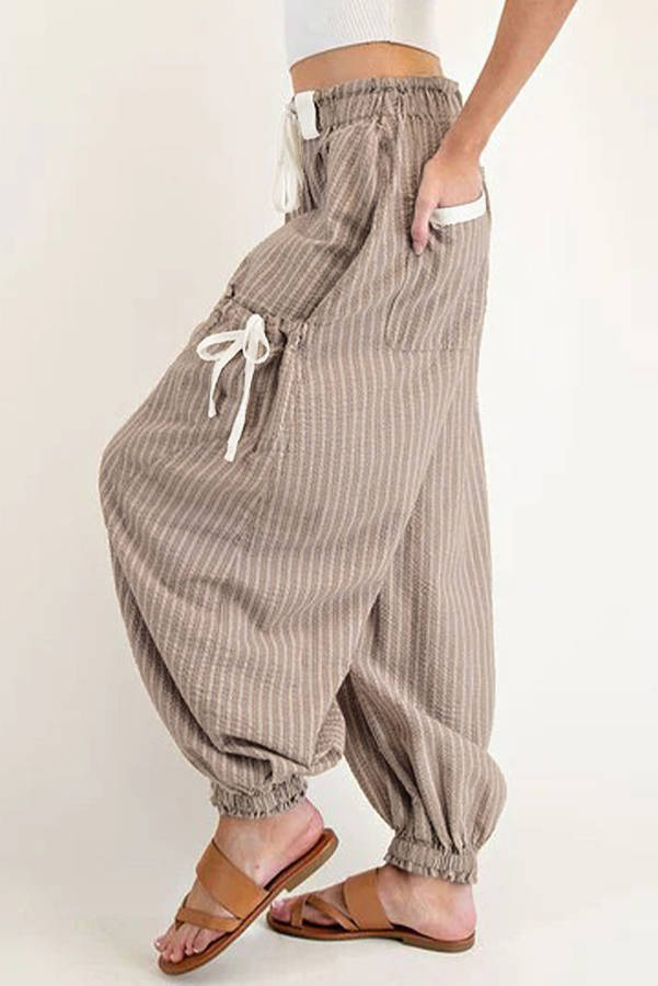 Brown Stripe Drawstring Cargo Jogger Pants with Pockets
