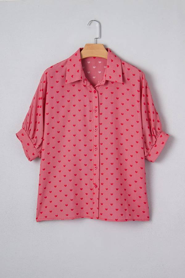 Red Heart Shape Print Half Sleeve Loose Valentine Shirt
