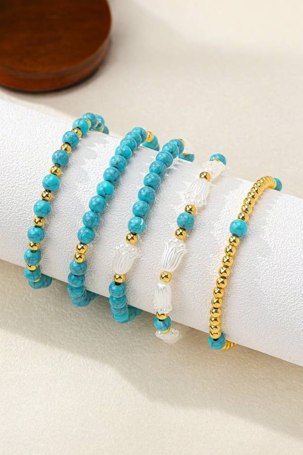 Turquoise Mixed Golden Beads Pearlish Detail 5pcs Bracelet Set