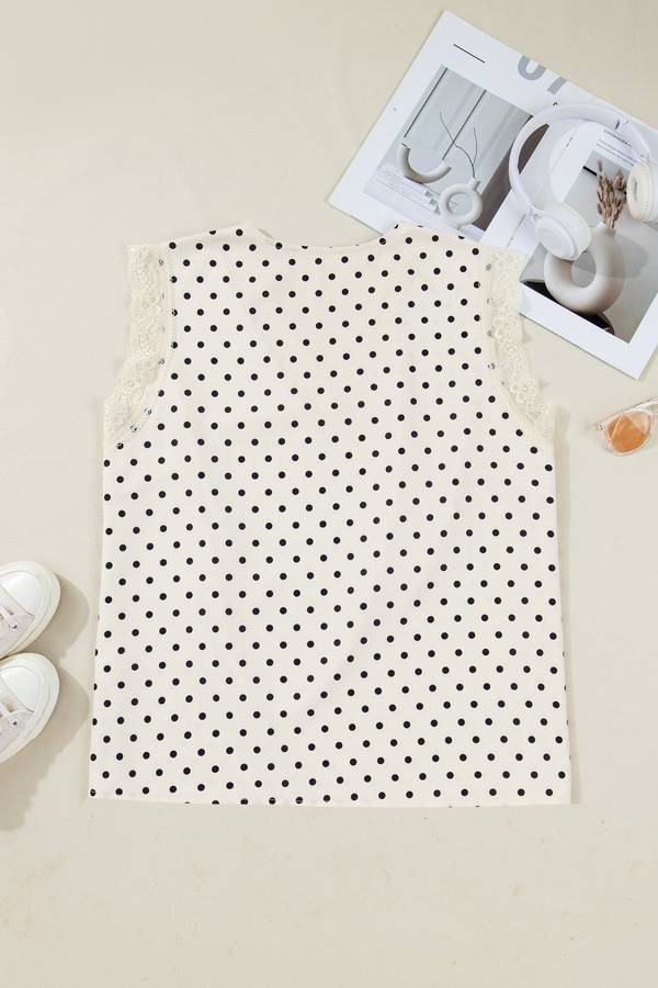 Apricot Plus Size Polka Dot Print Lace Trim V Neck Sleeveless Top