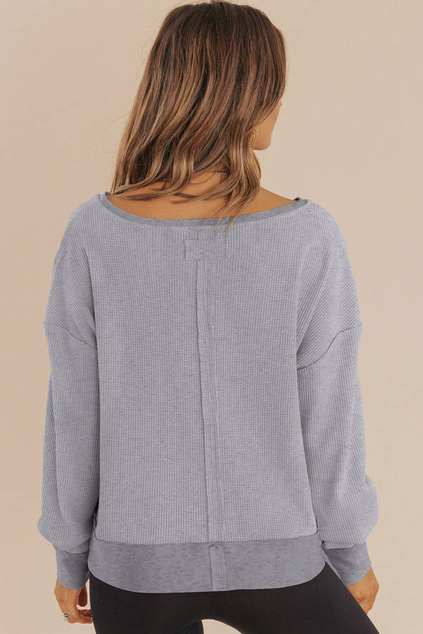 Gray Waffle Knit Notched V Neck Drop Shoulder Solid Sweatshirt
