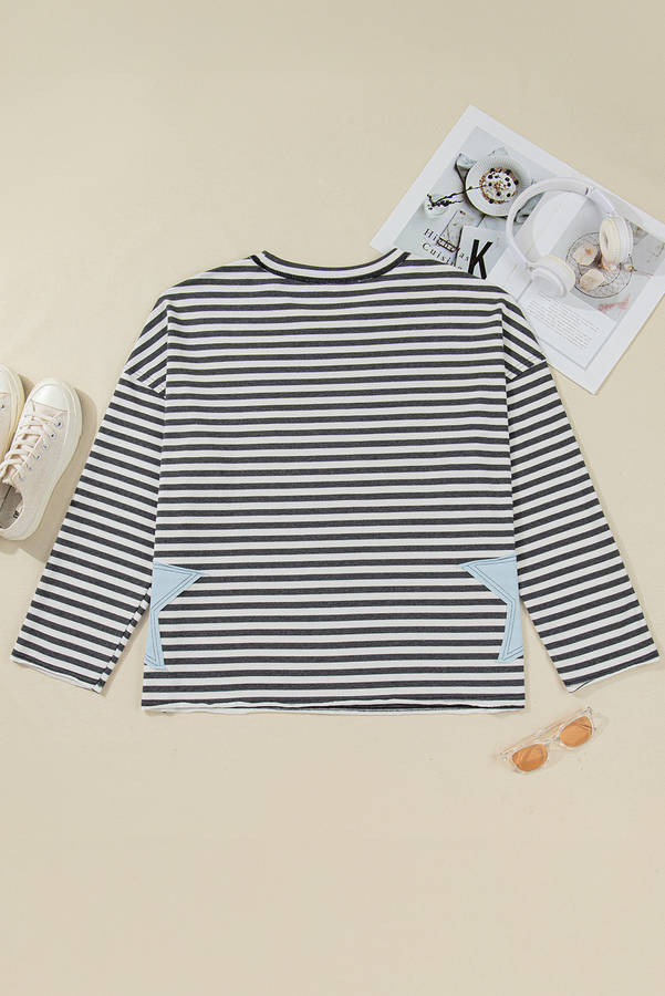Gray Stripe Contrast Star Stitched Plus Size Long Sleeve Top