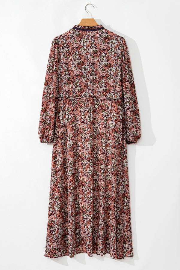 Brown Floral Print Split Front Tiered Frilled V Neck Midi Dress