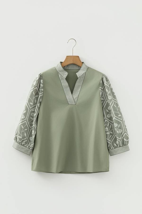 Grass Green Floral Puff Sleeve Contrast V Neck Patchwork Blouse