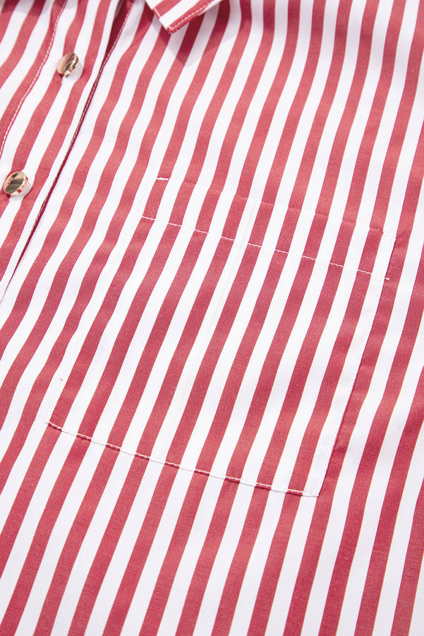 Red Stripe Patched Pocket Side Slit Loose Shirt