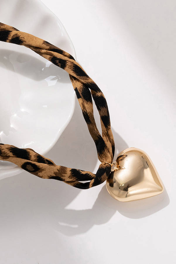 Gold Puffy Heart Charm Leopard Scarf Necklace
