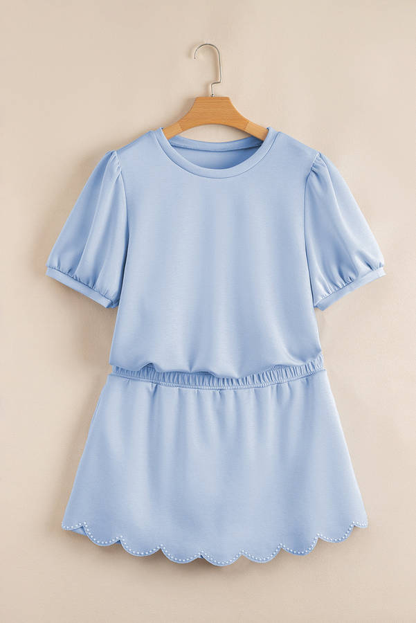 Beau Blue Puff Sleeve Pearl Embellished Scallop Trim Top 2 Piece Skort Set