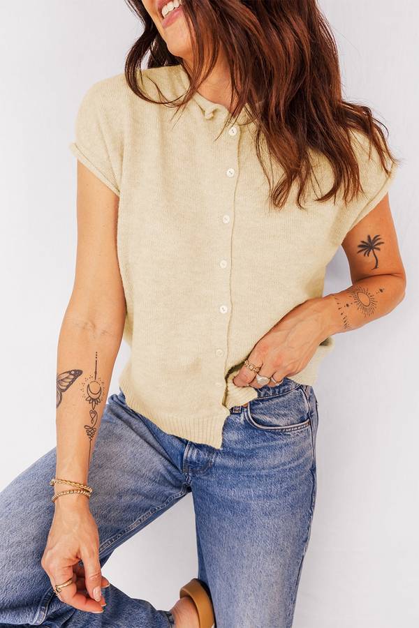 Apricot Buttoned Front Rolled Hem Cap Sleeve Sweater Top